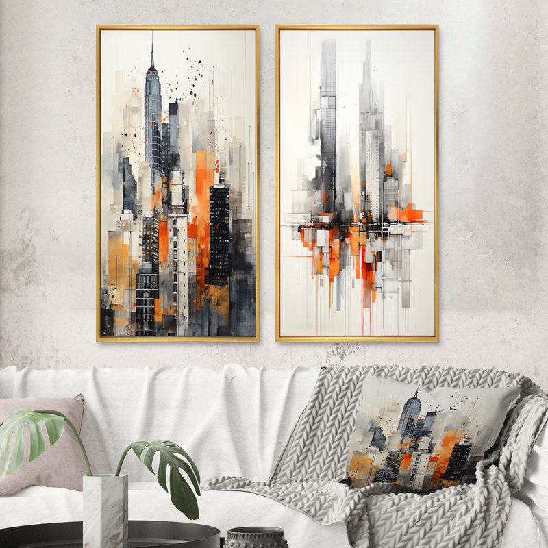 2 pièces sur toile - Orange, gris, minimalisme urbain, rythme, Encadrement doré, H 40 po x l 40 po