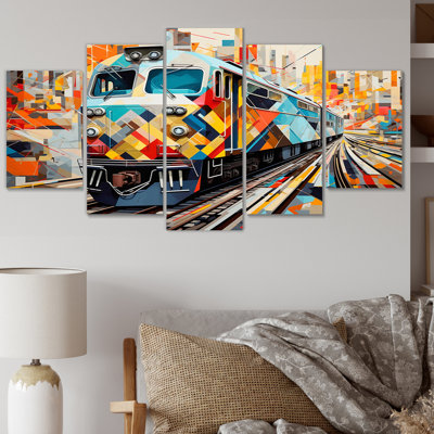 Abstrait train géométrique express II - transport, reproduction d'art sur toile - 5 panneaux