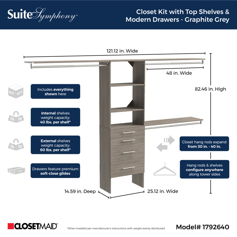 Système d'organisation avec tiroirs l 84 po à 120 po SuiteSymphony, Gris graphite