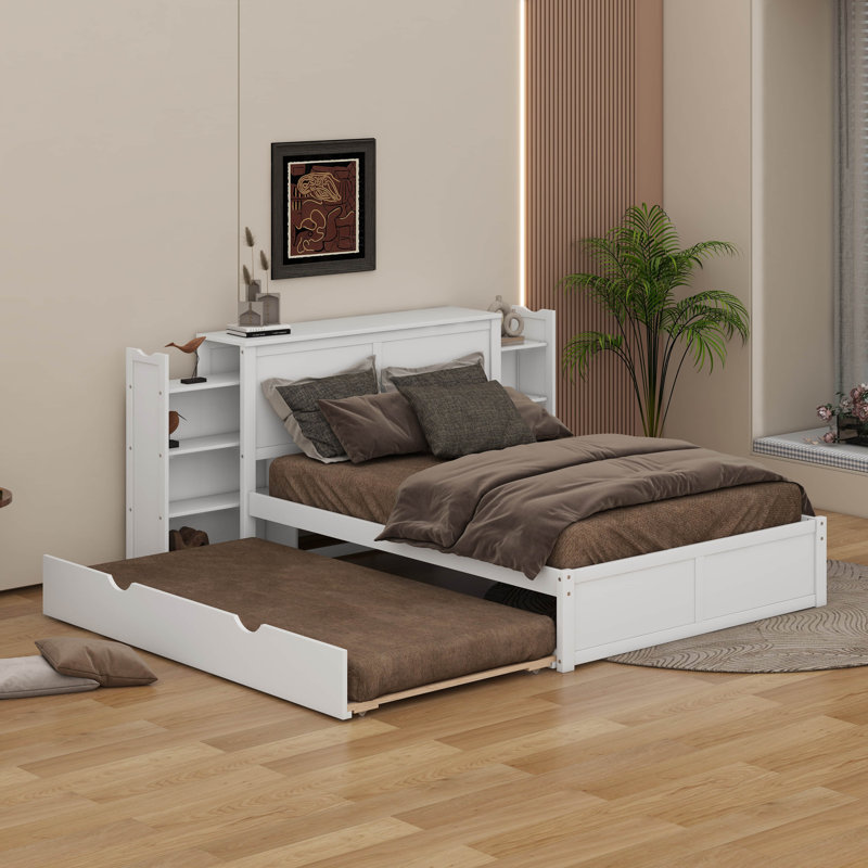 Lit plateforme avec rangement gigogne blanc et tablettes coulissantes blanches - Mobilier de chambre en bois massif