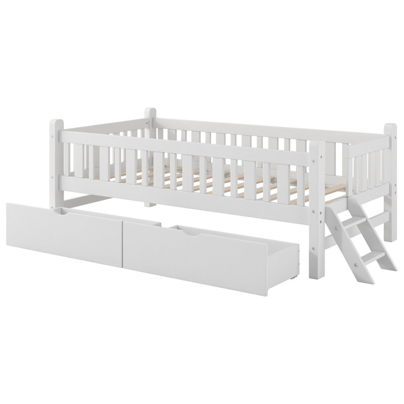 Lit plateforme simple en bois avec garde-corps et 2 tiroirs, blanc
