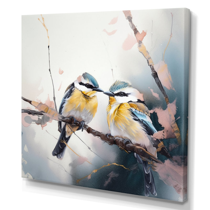 Décoration murale florale deux oiseaux bleus sur un arbre à fleurs V, H 36 po x l 36 po x P 1,5 po, Toile tendue