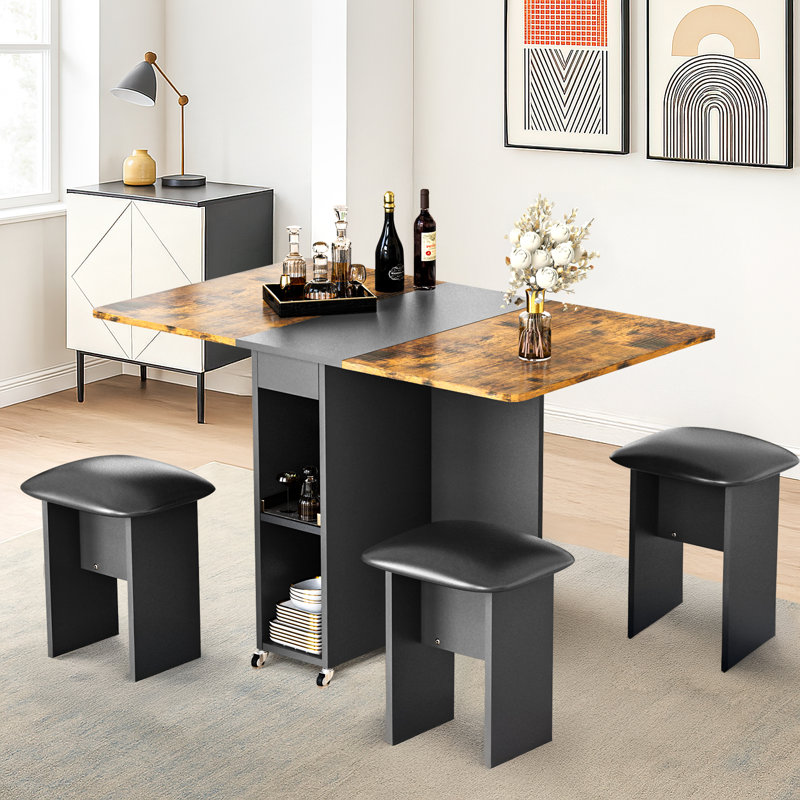 The Movable Multi-functional Folding Dining Table And Chairs Set, A Wood-grain Tabletop Combined With A Embossed Table And Cabinet, Four Pu Cushioned Stools Can Be Tucked Into The Table, A Super Space-saving Four-piece Set Of Tables And Chairs