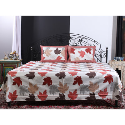 Exotic India Pure Cotton Bedsheet Queen Size Maple Leaf Printed  with Pillowcase Covers (Set of 2)
