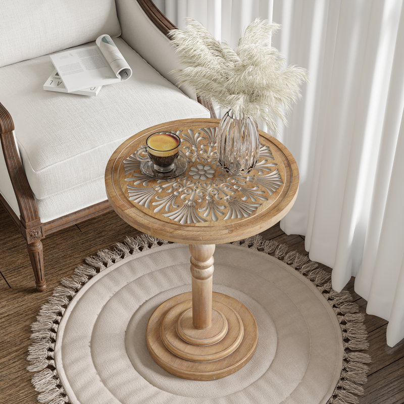 Farmhouse Round End Table With Carved Top