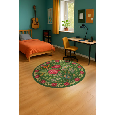 Tapis vert tissé à motif floral lavable Mosso