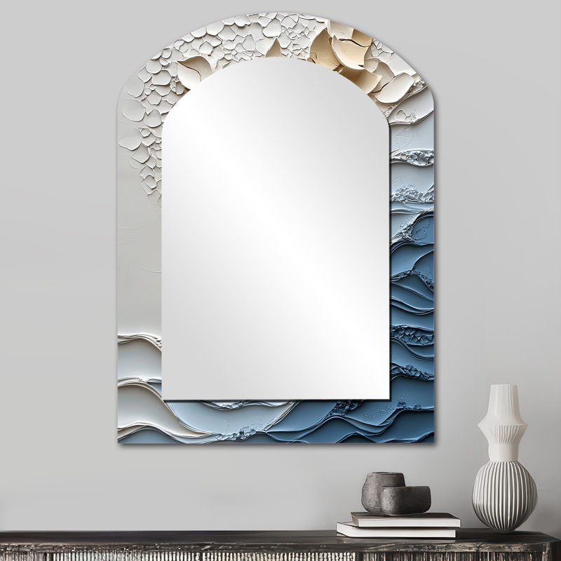 White And Blue Coastal Mosaic III - Coastal Arch Mirror, White Asymmetrical Decorative Wall Mirror, Printed Metal Art