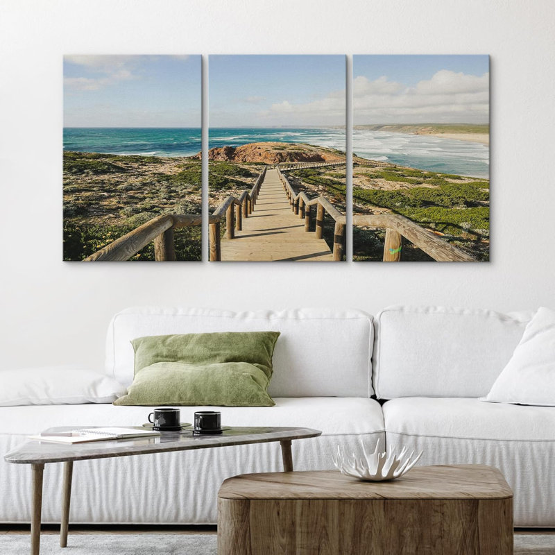 Coastal Boardwalk View Scenic Ocean Path Photographie Réalisme Décor de paysage, Toile tendue, H 24 po x l 48 po