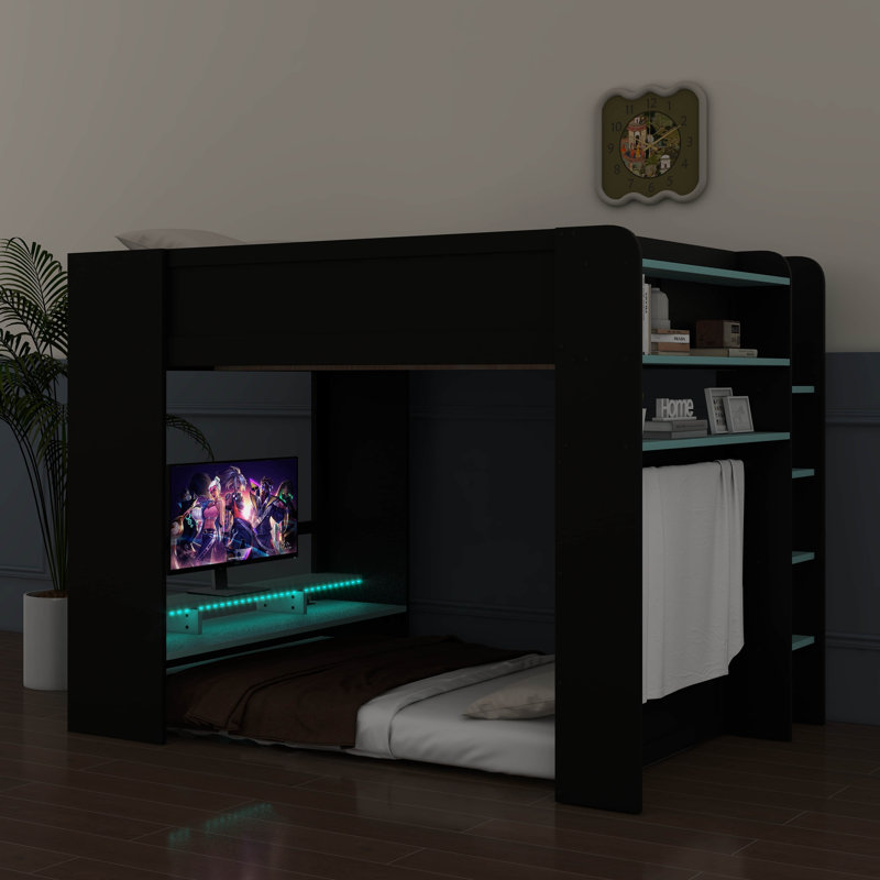 Lit superposé double avec bureau réglable en hauteur, comprend une armoire et un éclairage RVB, Bleu
