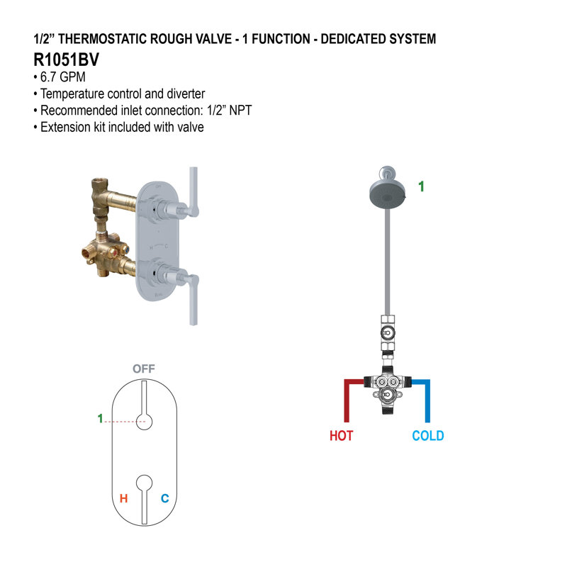 Universal Brass 1/2" Thermostatic Rough-In Valve with Volume Control