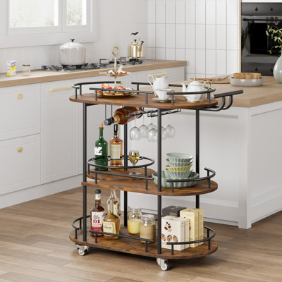 3-Tier Bar Cart on Wheels, Mobile Serving Cart with Wine Rack and Glass Holder, Metal Kitchen Utility Cart for Coffee Station, Mini Home Bar, Dining Room