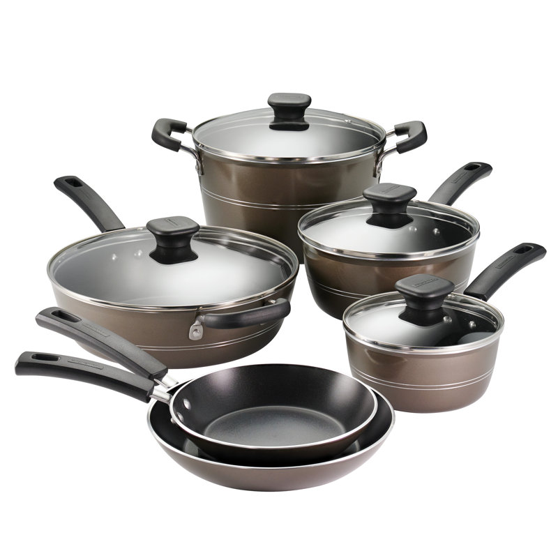 Hazelnut Aluminum Nonstick 10-Piece Cookware Set with Glass Lids