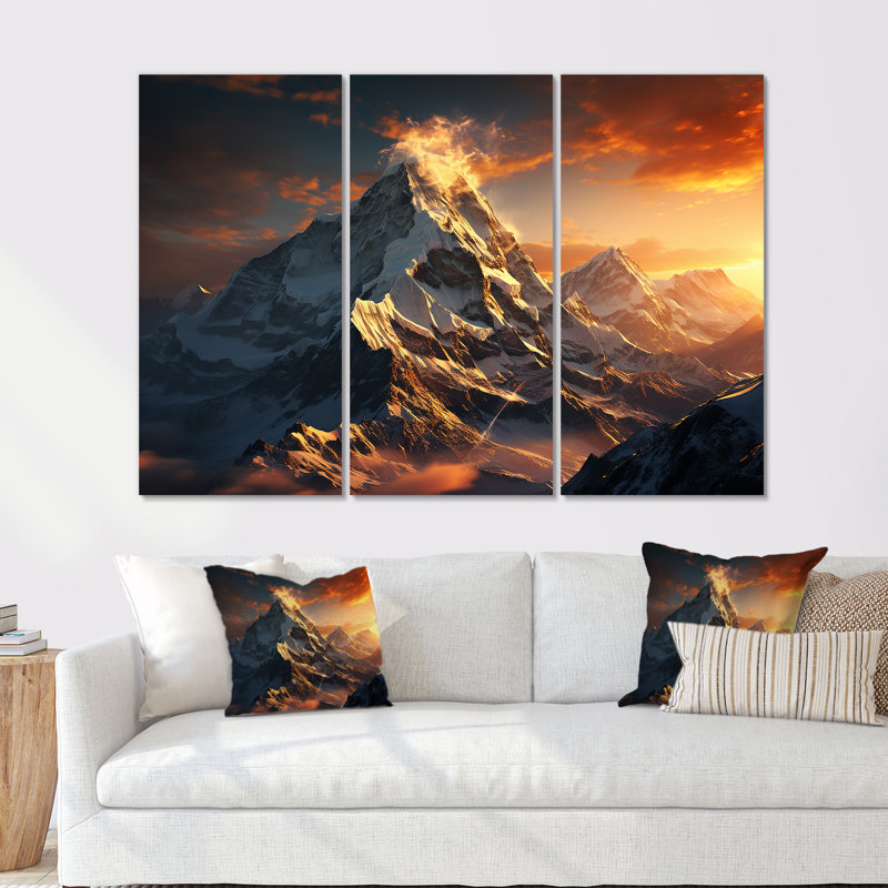 Montagnes jaunes enneigées au coucher du soleil, sommet de l'Everest I - paysage de montagnes, art mural, Toile tendue