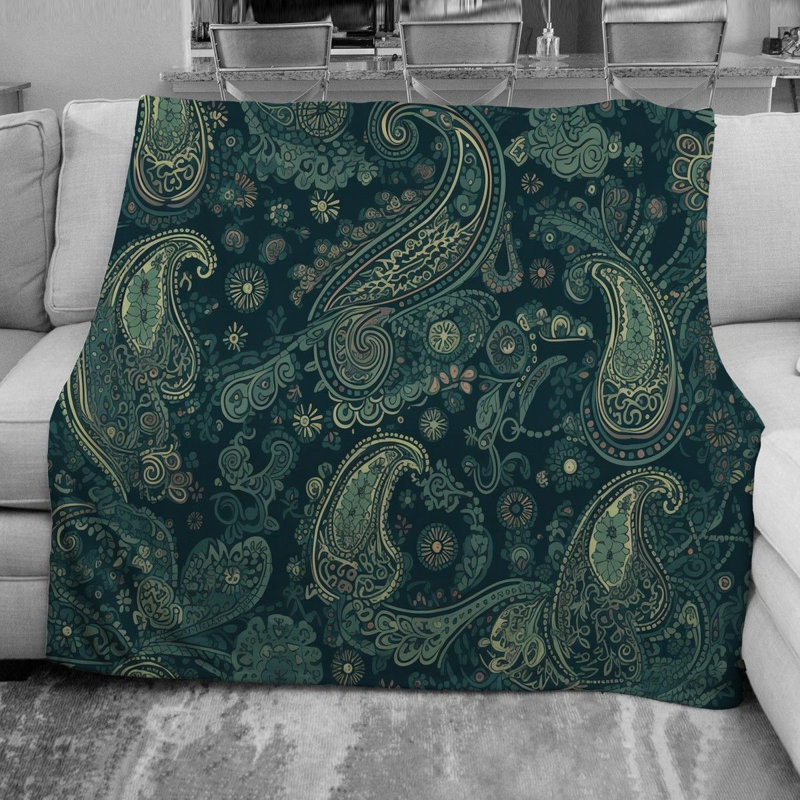 Jeté en molleton botanique, L 68 po x L 80 po, Bleu / motif cachemire vert