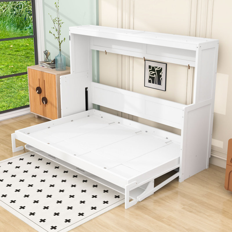 Wood Murphy Bed with Shelves, Full, White