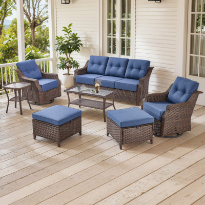 Ensemble de canapé de patio en osier 7 pièces Sami, fauteuils coulissants pivotants de 6 pouces d'épaisseur et repose-pieds multifonctionnels