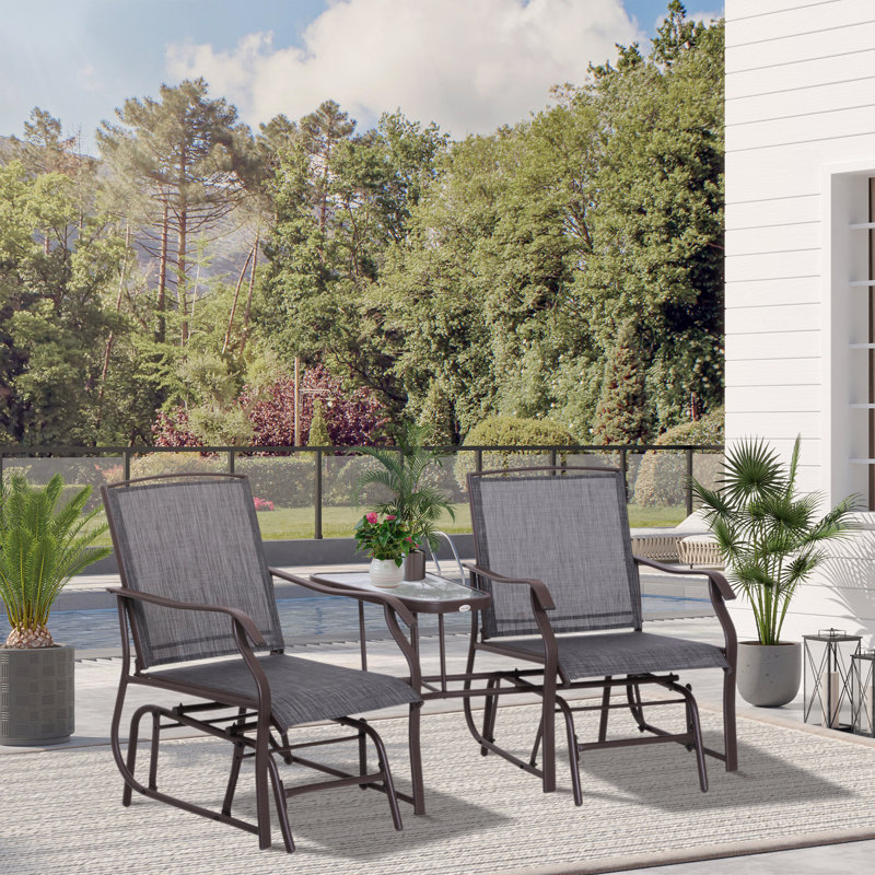 Outdoor Glider Chairs With Coffee Table, Patio 2-Seat Rocking Chair Swing Loveseat With Breathable Sling For Backyard Garden And Porch Grey