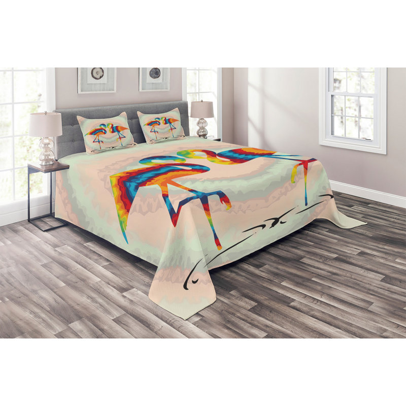 Flamingo Coastal Polyester Coverlet, King Bedspread + 2 Shams