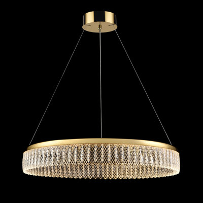 Single tier LED pendant in a gold finish and delicate lattice detailed crystal glasses with scalloped edge.
