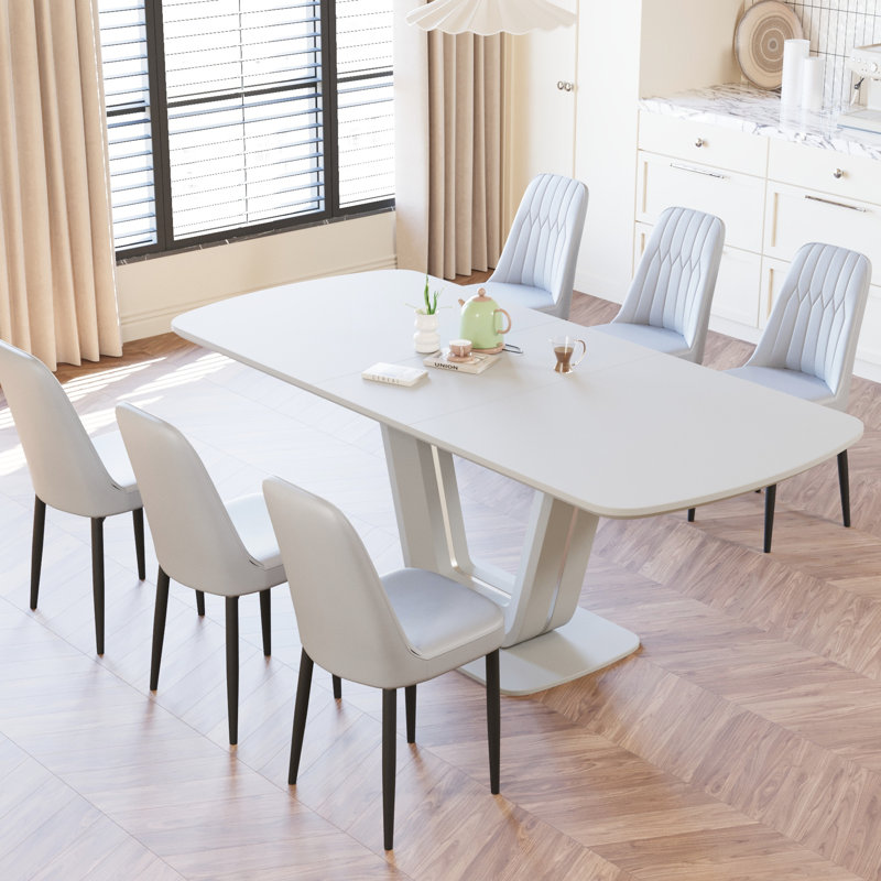 Table de salle à manger extensible et 6 chaises en tissu polyuréthane avec pieds en forme de U pour un repas Repas rapides simples