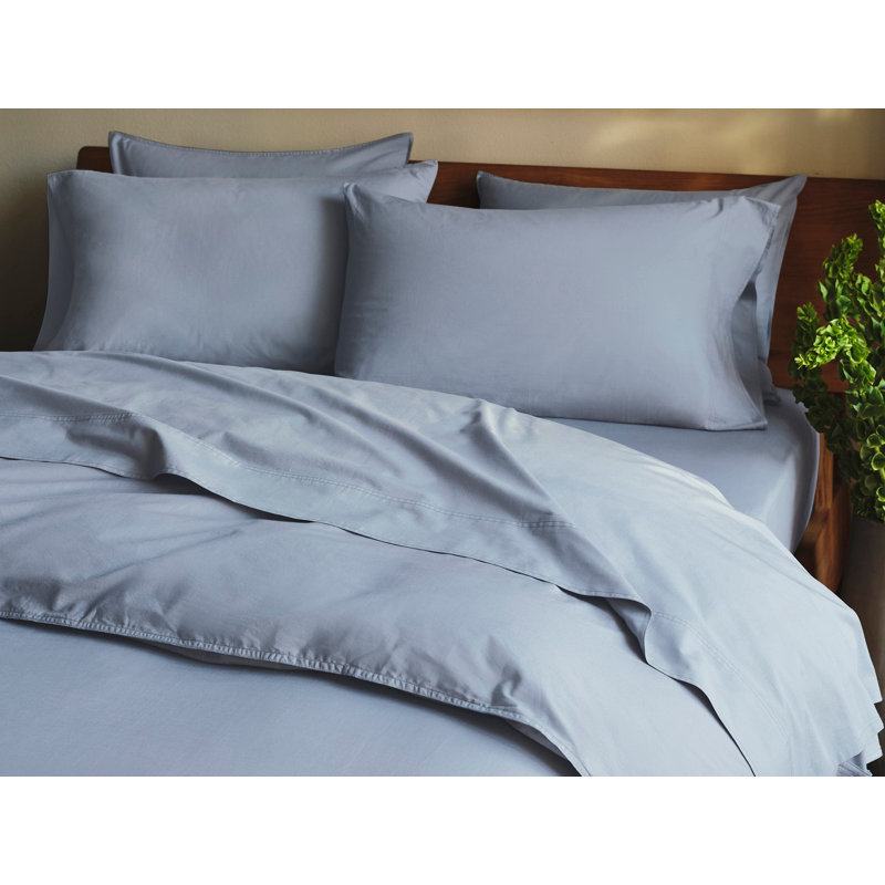 Ensemble de draps en percale organique froissé, Ensemble de draps pour très grand lit avec 2 taie, Bleu acier
