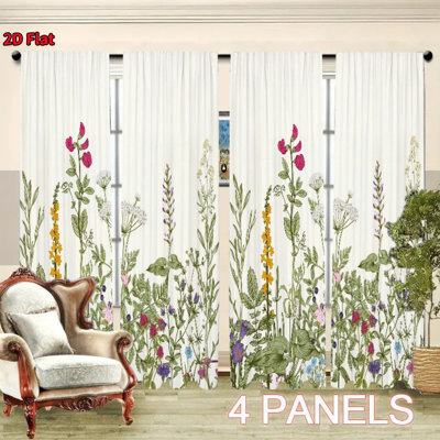 4Pcs Wildflower Botanical Curtains for Living Room, Countryside Floral Print Window Drapes, Rod Pocket Sheer Panels, Farmhouse Decor, Kitchen, Bedroom, Study, Bathroom, Hotel, Dining, Home Decoration