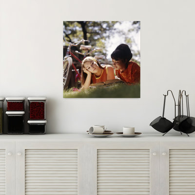 1970S Two College Women Students Lying On Grass With Books Studying Reading Classic Retro Vintage Portrait Wall Art