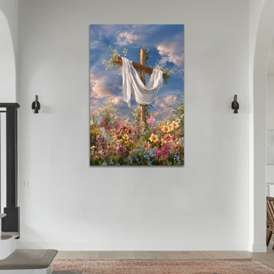 Art mural sur toile de Pâques Timuba - croix de printemps et fleurs, décoration murale, œuvre d'art religieuse pour la maison, reproduction sur toile tendue avec cadre en pin, 24 po x 32 po