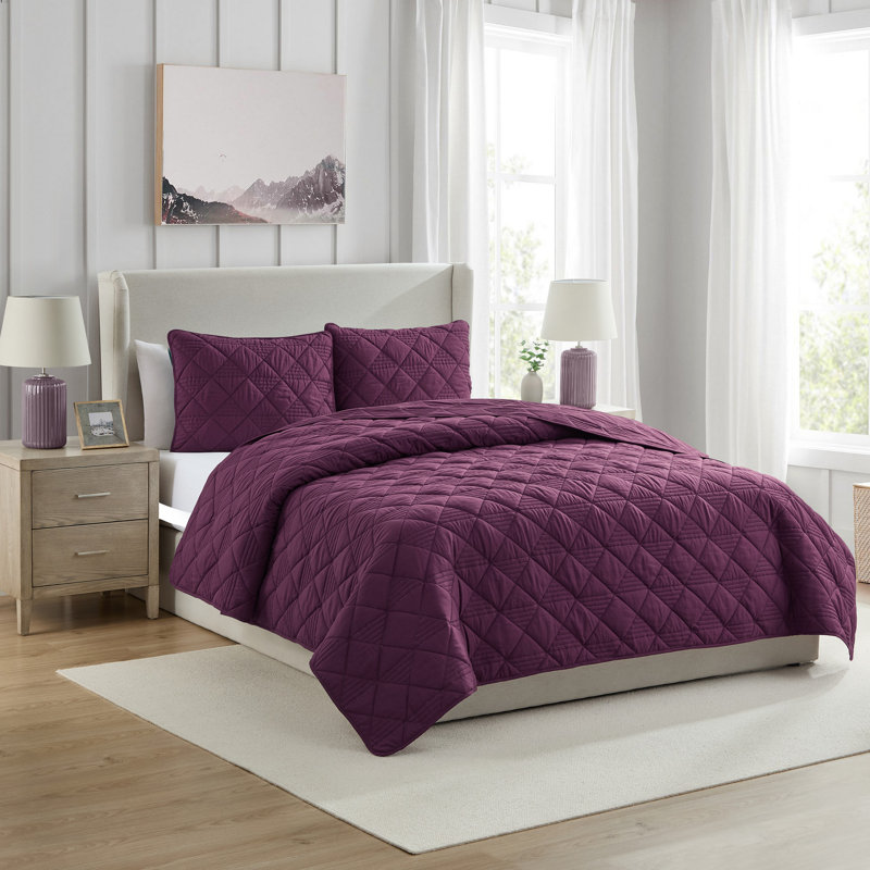 Lucy 3-Piece Pinsonic Diamond Microfiber Quilt Set, Burgundy