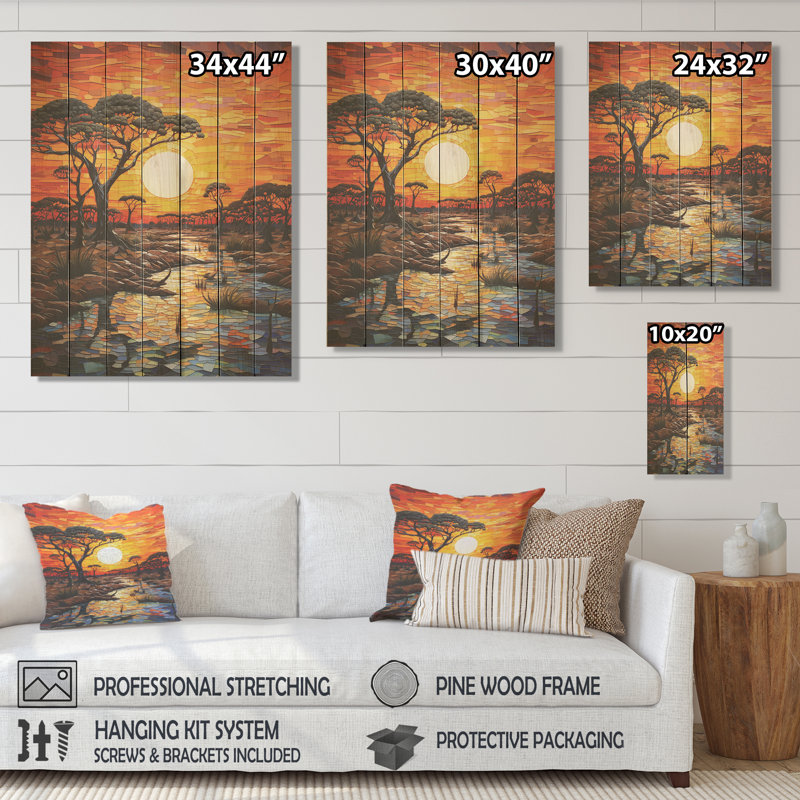 Savannah Sunset in African Safari Hues 5 - Afrique sur bois, H 20 po x l 10 po