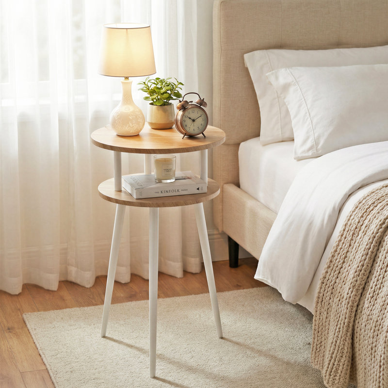 Table de bout ronde avec tablettes à 2 niveaux pour le salon, la chambre à coucher, Plateau en chêne / base blanche