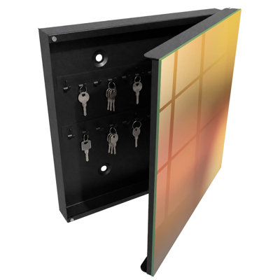Decorative key box for wall, Opens to the left, 30x30x5, Black, Warm blend of yellow and orange, 