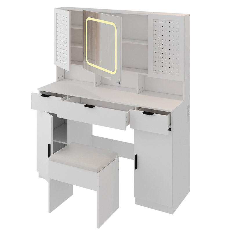 Grand ensemble de coiffeuse avec miroir lumineux à DEL, Noir, noir, noir, noir, Blanc