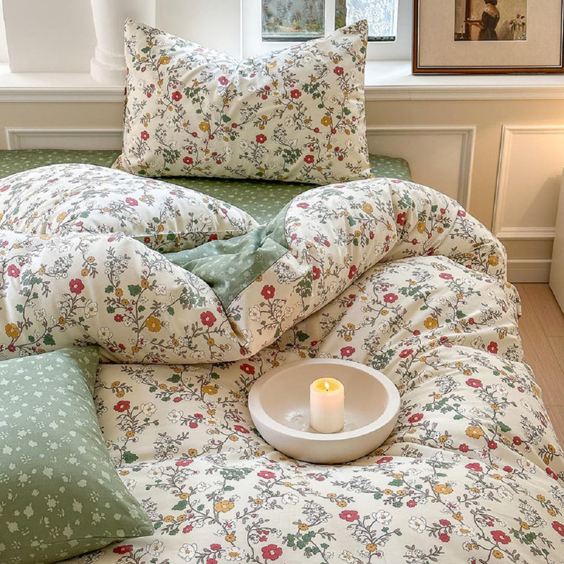 100% Cotton Beige Green Small Flower Leaves Colorful Plant Pattern Soft Duvet Cover
