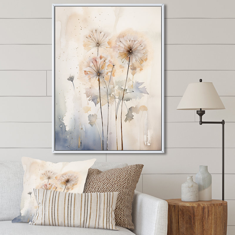 Dandelion Charm in Winter IV - Pissenlit grand, art mural, Cadre flottant blanc, H 44 po x l 34 po x P 1,5 po