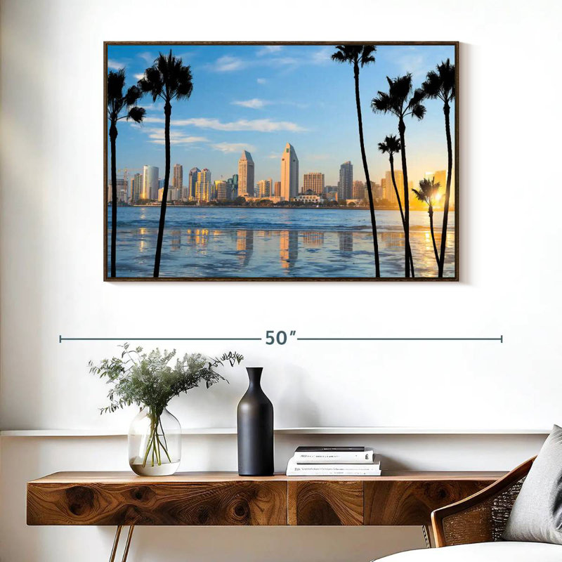 Horizon du centre-ville de San Diego, Cadre flottant noyer, 40 po x 27 po