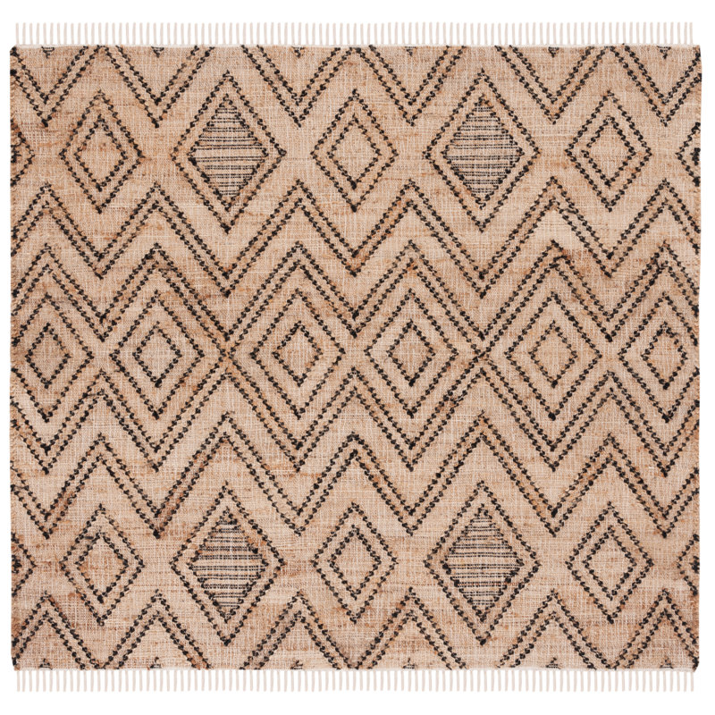 Araliya Natural Fiber Flat Weave Jute/Wool/Cotton Geometric Rug in Black/Brown, Square 6'