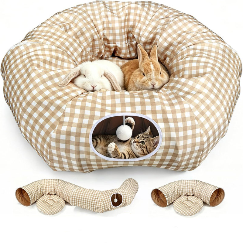 Lit tunnel à carreaux pliable 2-en-1 31,49 po, tunnel de jeu convertible Donut Cat, cachette lavable pour chats et lapins