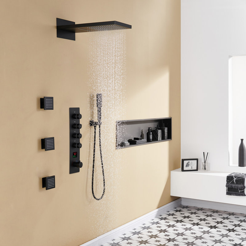 Herathena 3 Functions Digital Display 22" Shower System with 3 Body Jets and Rough-in Valve, Matte Black