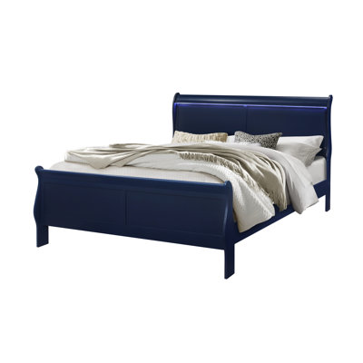 Structure de lit simple bleu avec éclairage à DEL, style transitionnel moderne, bois massif et matériau principal, bois d'hévéa, profondeur 72,09 po, largeur 40,88 po, hauteur 48,55 po, sommier tapissier requis, 69,92 lb, conduit pour chambre à coucher