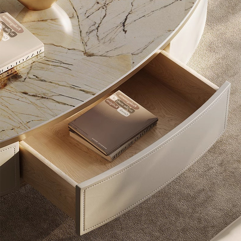 Table basse légère de luxe en forme de plaque ovale, Blanc / Gris