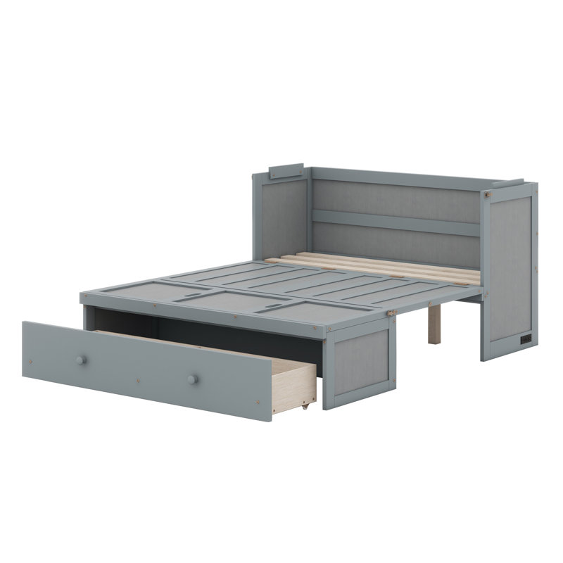 Lit escamotable avec port USB et grand tiroir, Gris, Grand