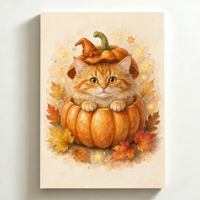 Tableau d'Halloween sur toile (50 x 75 cm) : Adorable chaton orange coiffé d'un chapeau citrouille, entouré de feuilles d'automne. Impression aquarelle sur toile. Décoration murale moderne pour chambre, salon et bureau.