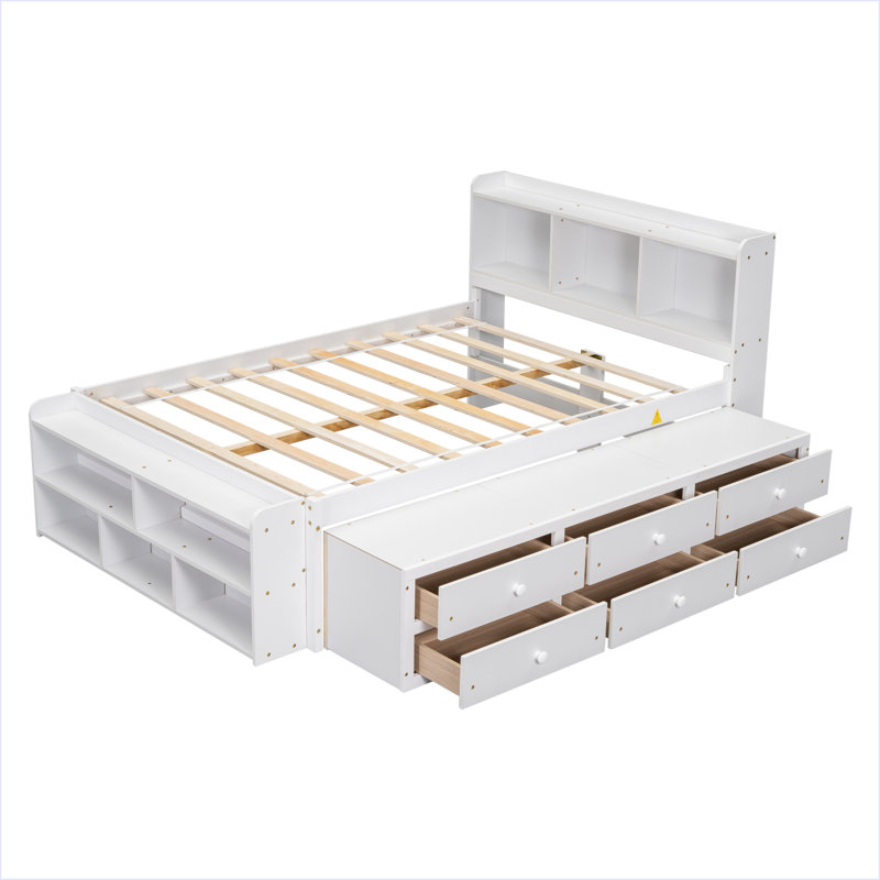 Full Bed With Bookcase Headboard, Under Bed Storage Drawers And Bed End Storage Case, White