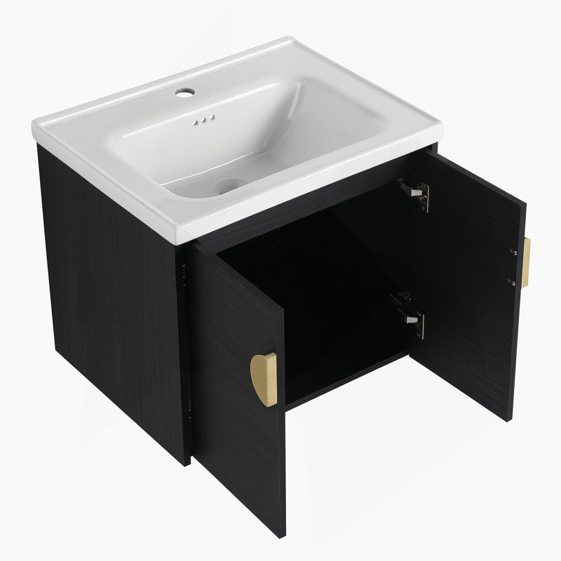 Meuble-lavabo à fermeture en douceur de 60 pouces avec lavabo et petites tablettes de rangement, Noir, 60"