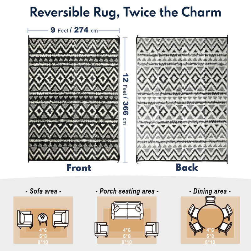 Southwestern Black/White Indoor/Outdoor Area Rug, Rectangle 9' x 12'
