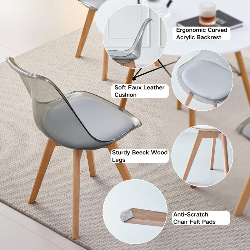 Clear Acrylic Dining Chairs Set of 4, Kitchen Chair with PU Leather Cushions Solid Beech Legs For Living Room, 4, Gray