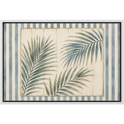 Coastal Palm Fronds Blue Stripe Botanical Framed Canvas Master Bedroom Wall Art Work Print