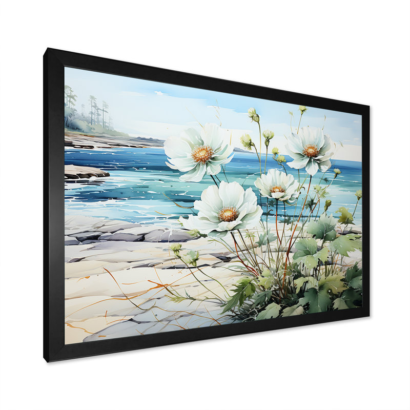 Fleur dans une vue océanique calme sur la plage I - art mural minimaliste côtier, Cadre d'angle fermé noir