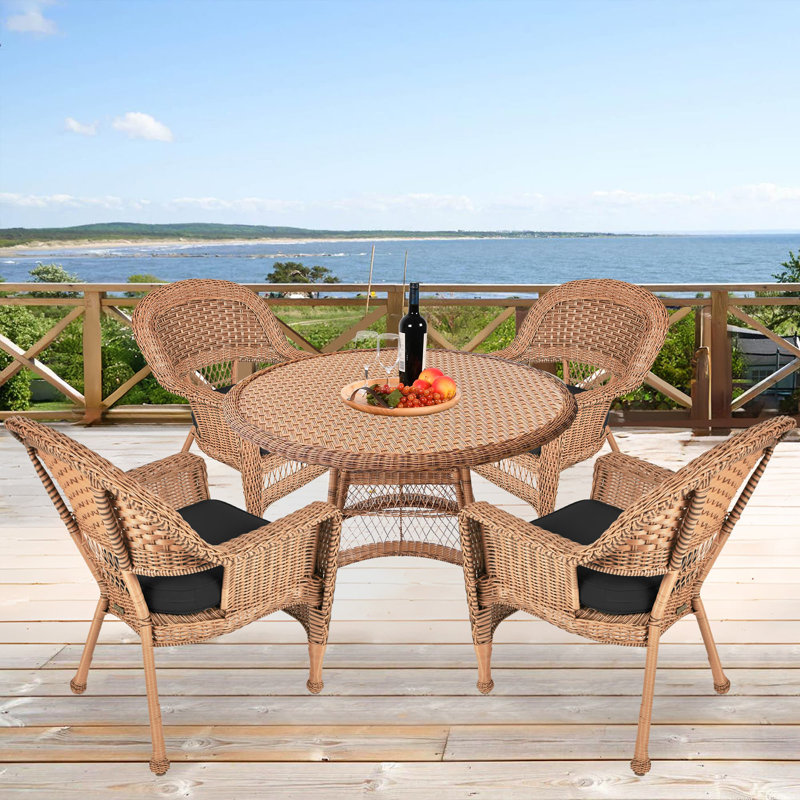 4 - Person Patio Dining Set with Round Table , Cushions Included, Honey, Black